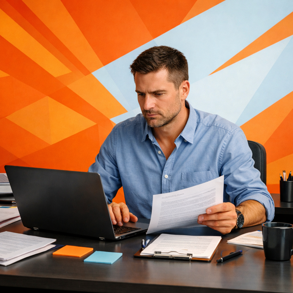 A focused individual sits at a sleek modern desk intently reviewing documents on a laptop with a vibrant geometric background in shades of ff8200 and-1